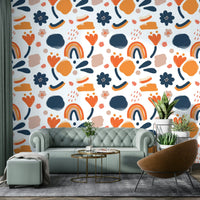 Retro-inspired floral wallpaper with bright hues, GD1812
