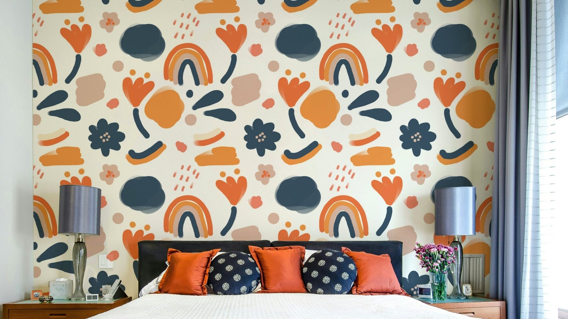 Retro floral print wallpaper with vibrant colors, GD1812