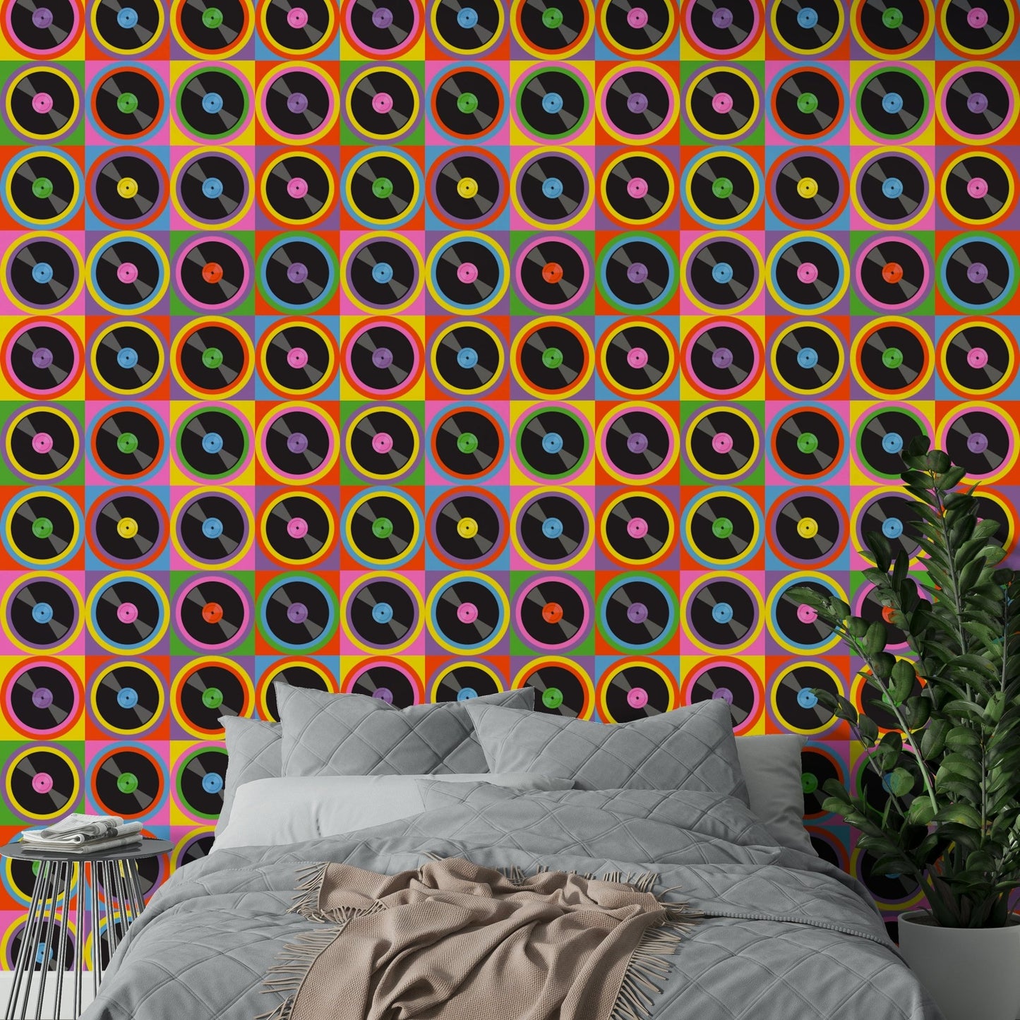 The color palette is composed of bold, contrasting, and energetic tones, typical of pop art.
