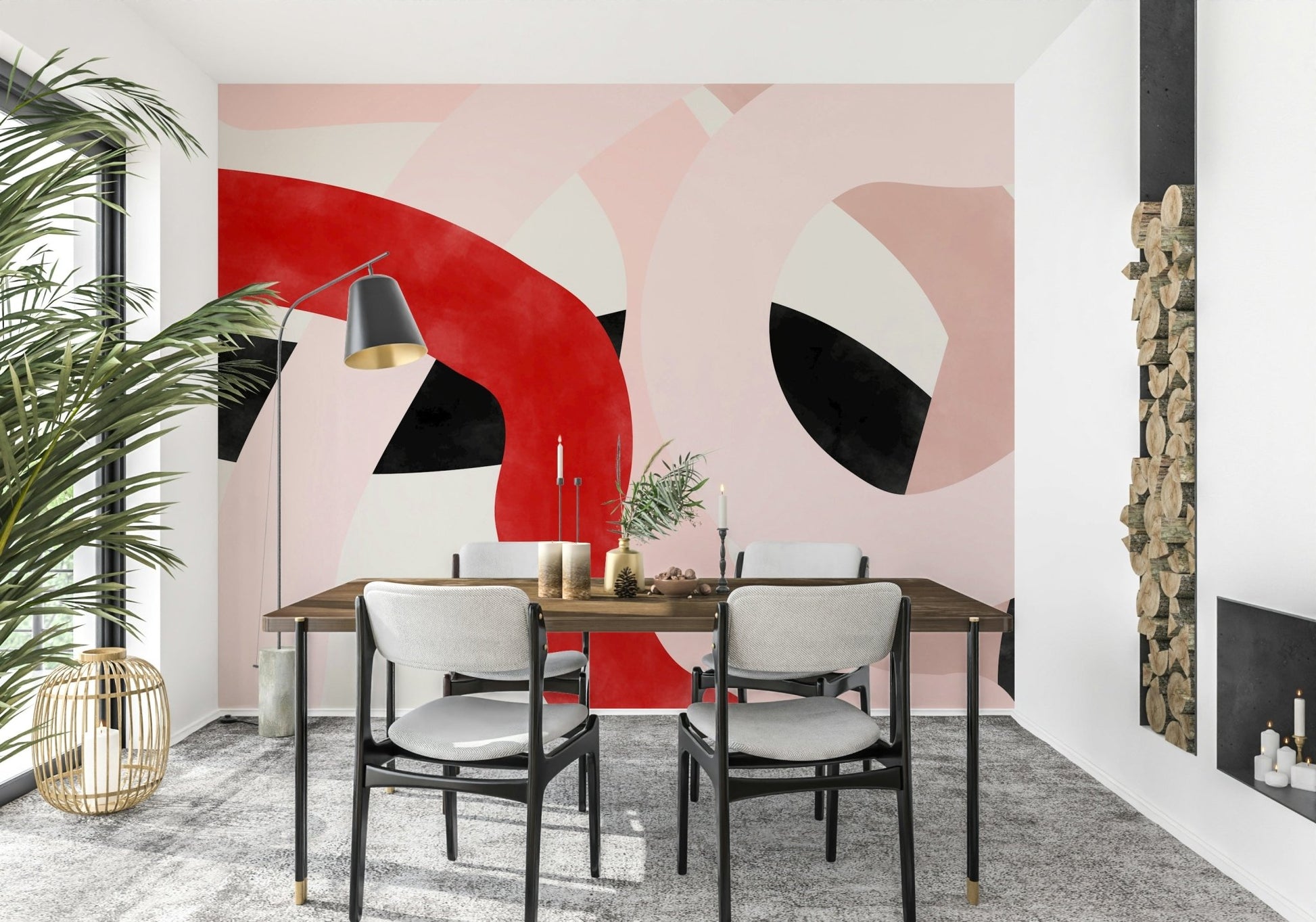 An artistic expressive strokes mural on minimalist wallpaper.