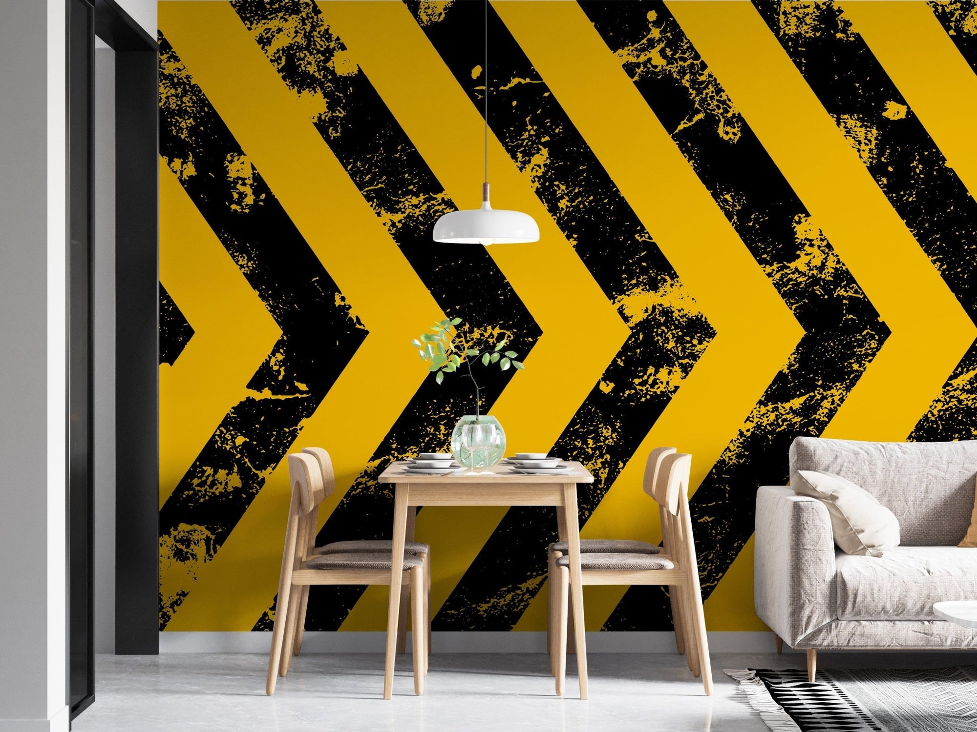 Bold yellow grunge hazard stripe mural
 B110