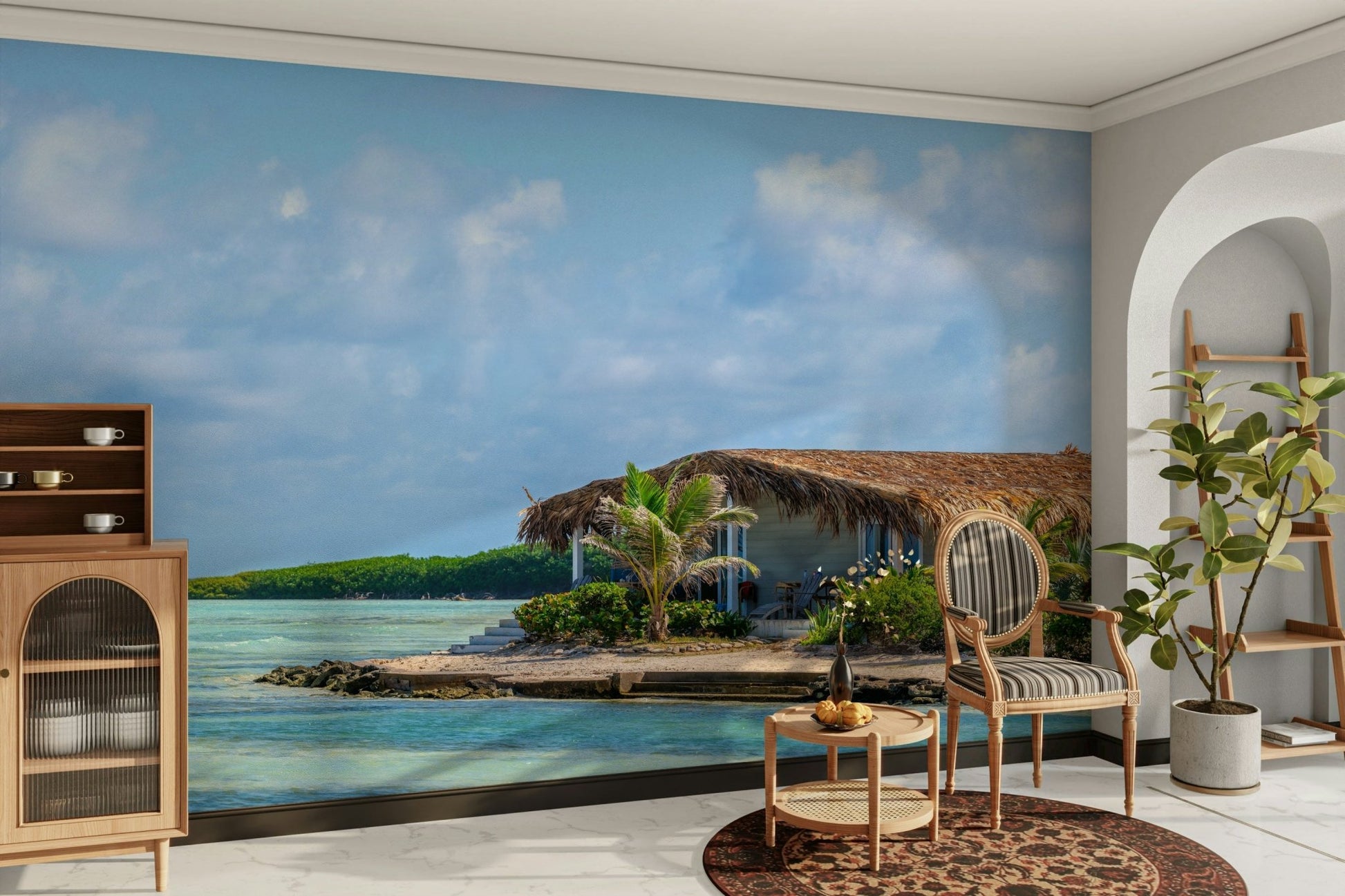 Serene coastal landscape mural
