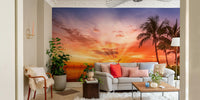 Serene beach mural with colorful clouds and ocean shimmer., GD1486