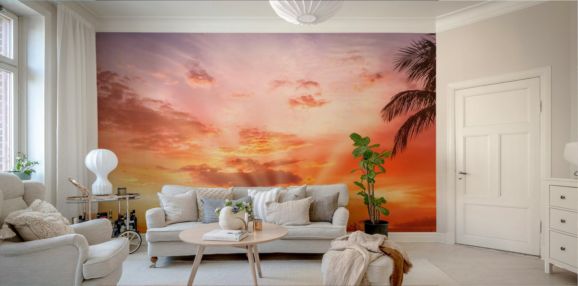 Tropical mural with calm sea, sandy beach, and warm sunset., GD1486
