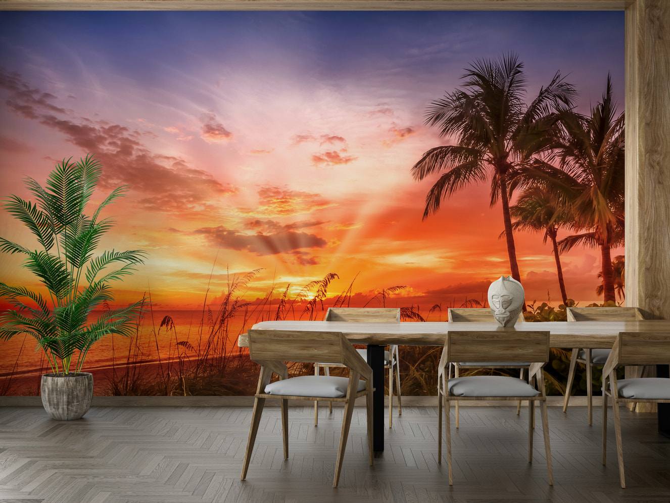 Wall mural of a golden sunset at Bonita Beach shoreline.

