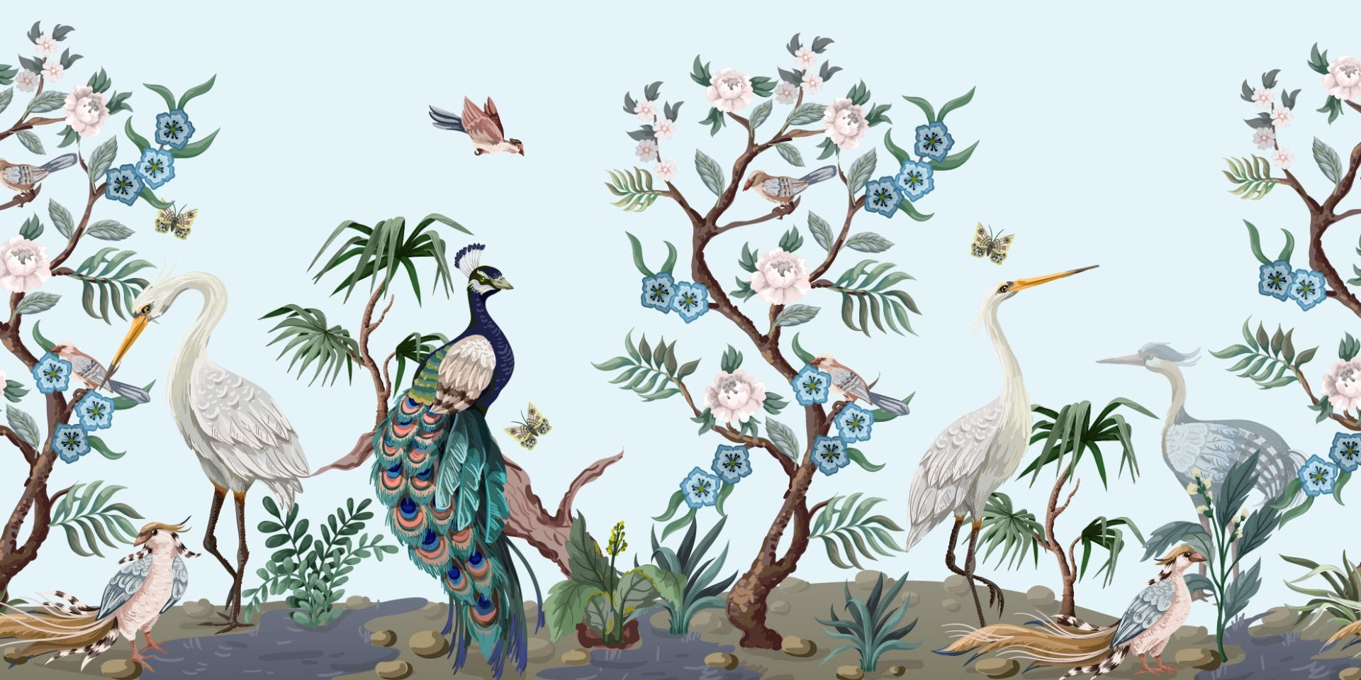 Peacock & Heron Bird Chinoiserie Wallpaper Murals