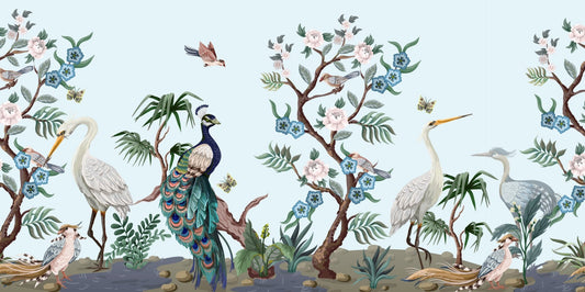 Peacock & Heron Bird Chinoiserie Wallpaper Murals