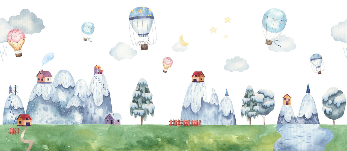 Watercolor City with Mountain & Balloons Wallpaper