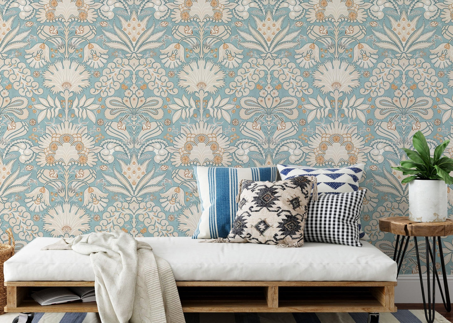 Botanic Damask Cream Aqua Blue