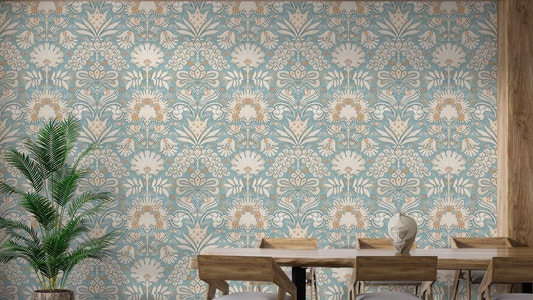 Botanic Damask Cream Aqua Blue