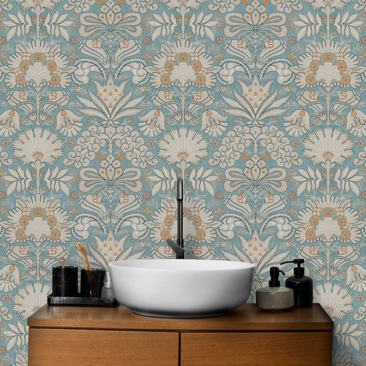 Botanic Damask Cream Aqua Blue GD225