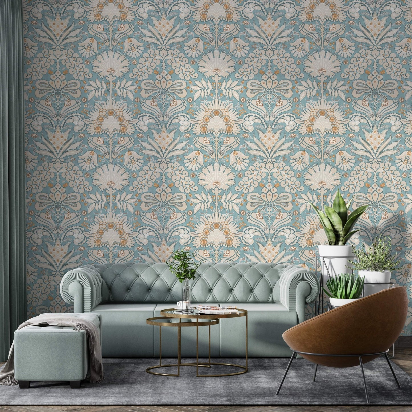 Botanic Damask Cream Aqua Blue
