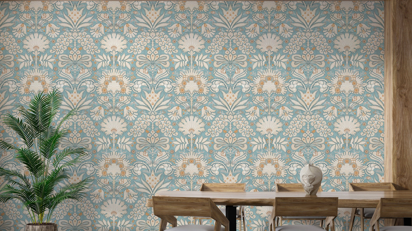 Botanic Damask Cream Aqua Blue