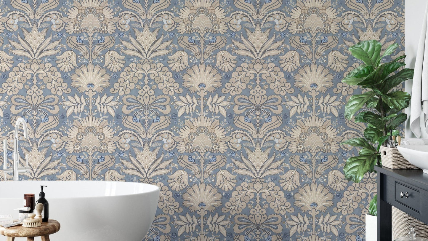 Botanic Damask Cream Slate Blue Grey GD223