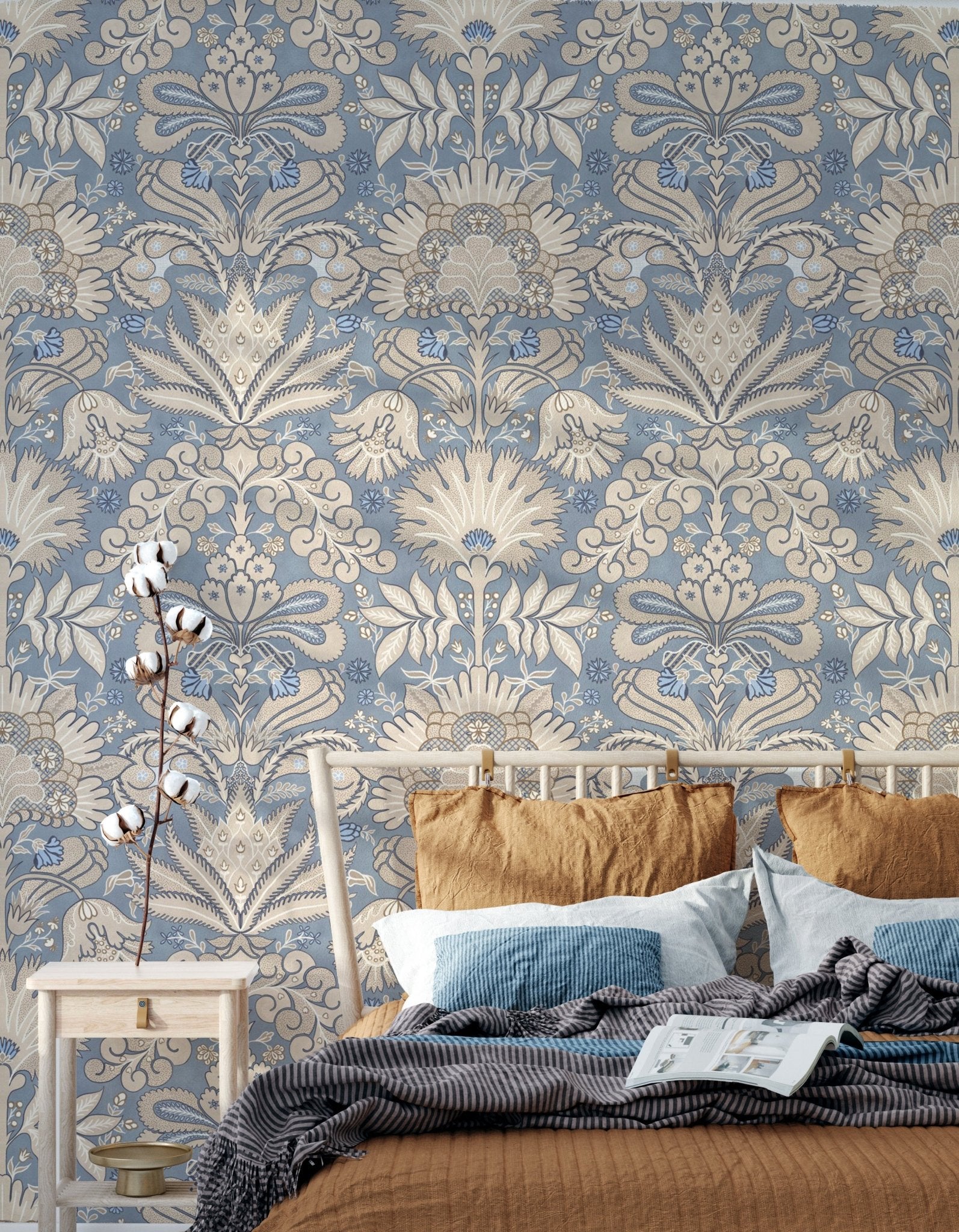 Botanic Damask Cream Slate Blue Grey GD223