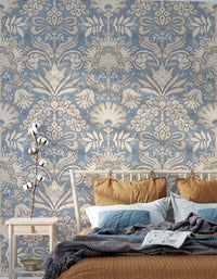 Botanic Damask Cream Slate Blue Grey GD223
