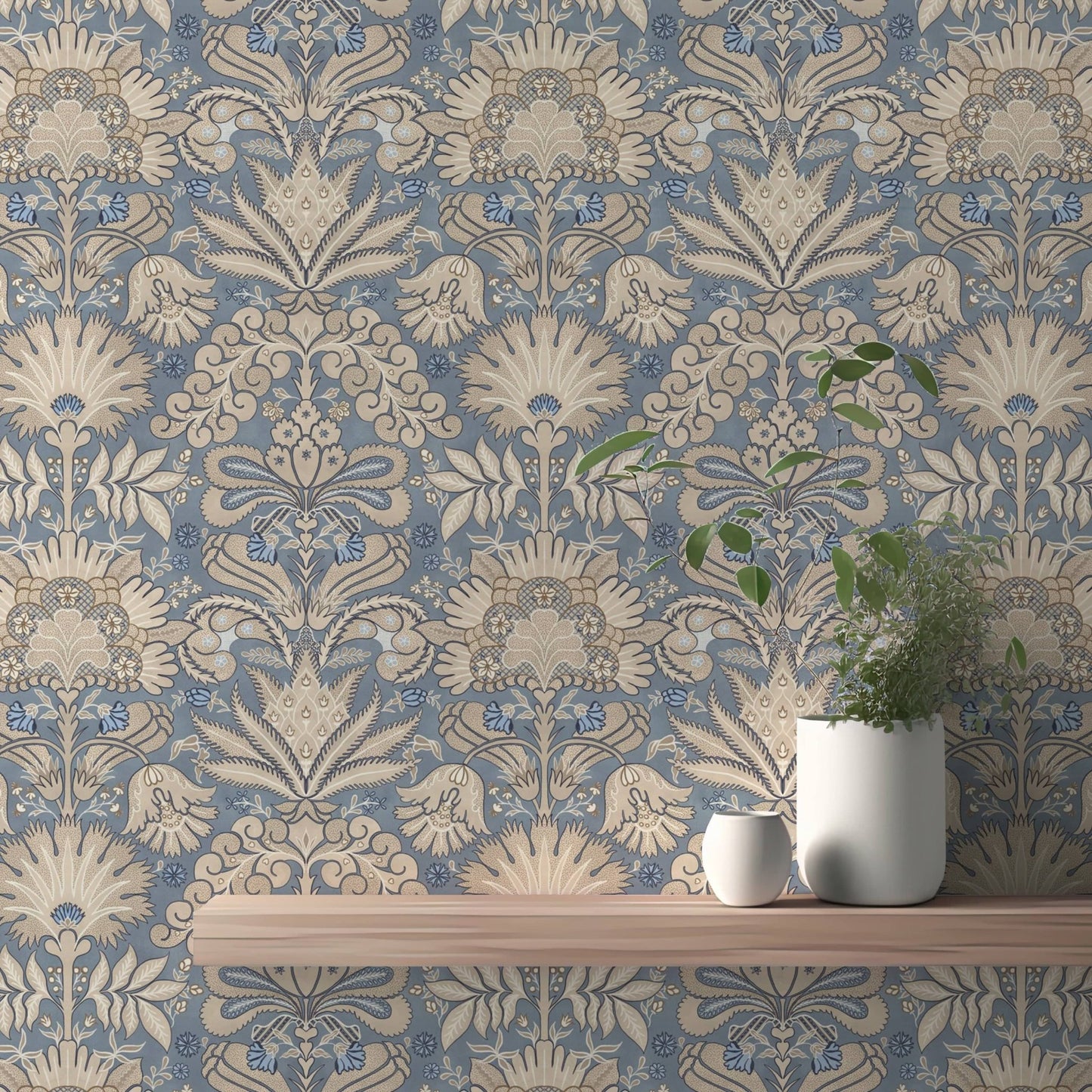 Botanic Damask Cream Slate Blue Grey GD223