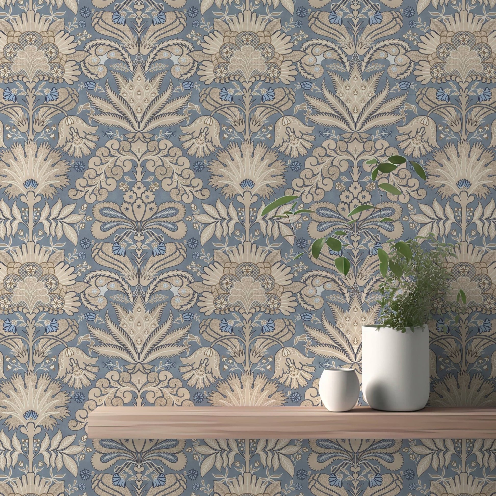 Botanic Damask Cream Slate Blue Grey GD223
