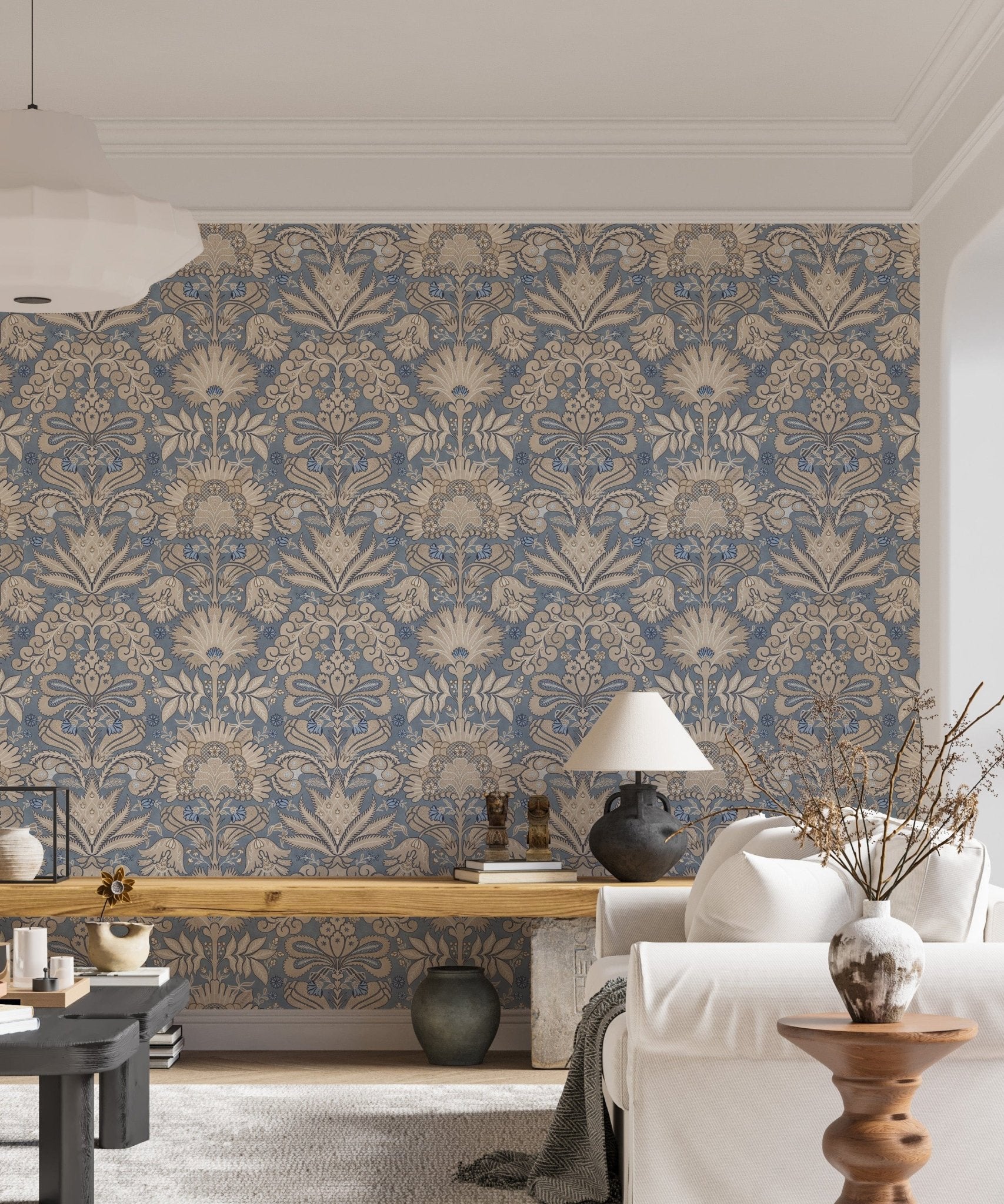 Botanic Damask Cream Slate Blue Grey GD223
