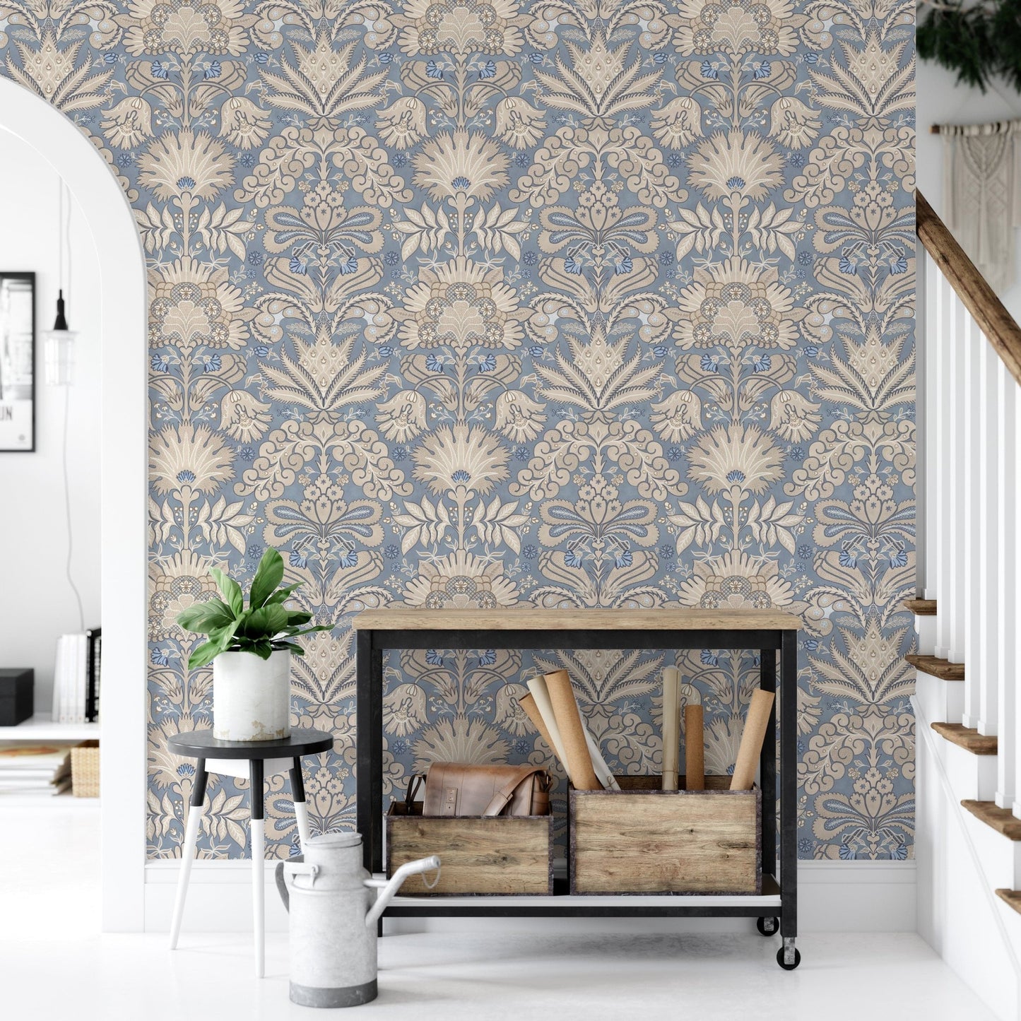 Botanic Damask Cream Slate Blue Grey GD223