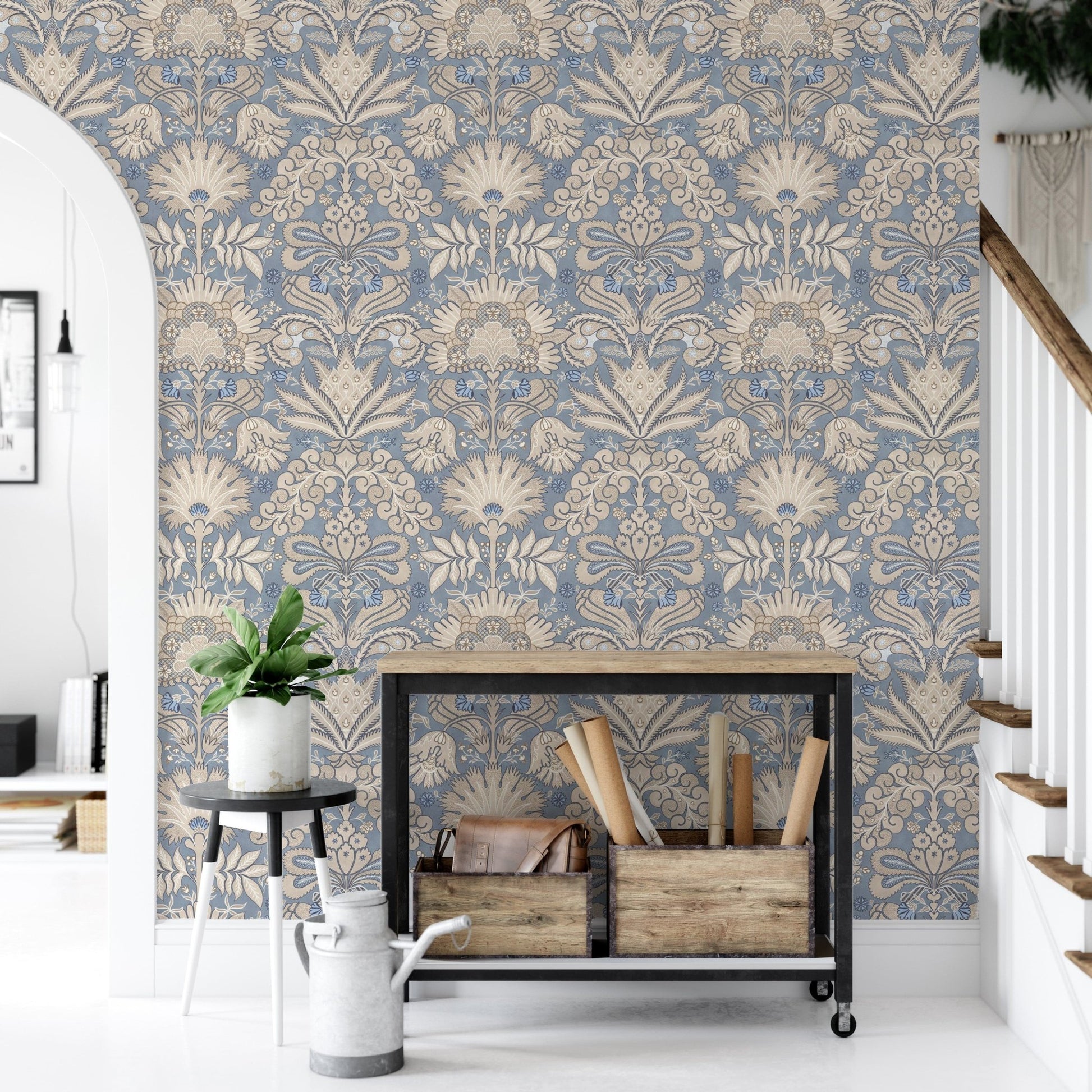 Botanic Damask Cream Slate Blue Grey GD223