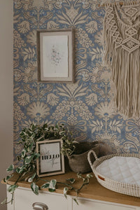 Botanic Damask Cream Slate Blue Grey GD223