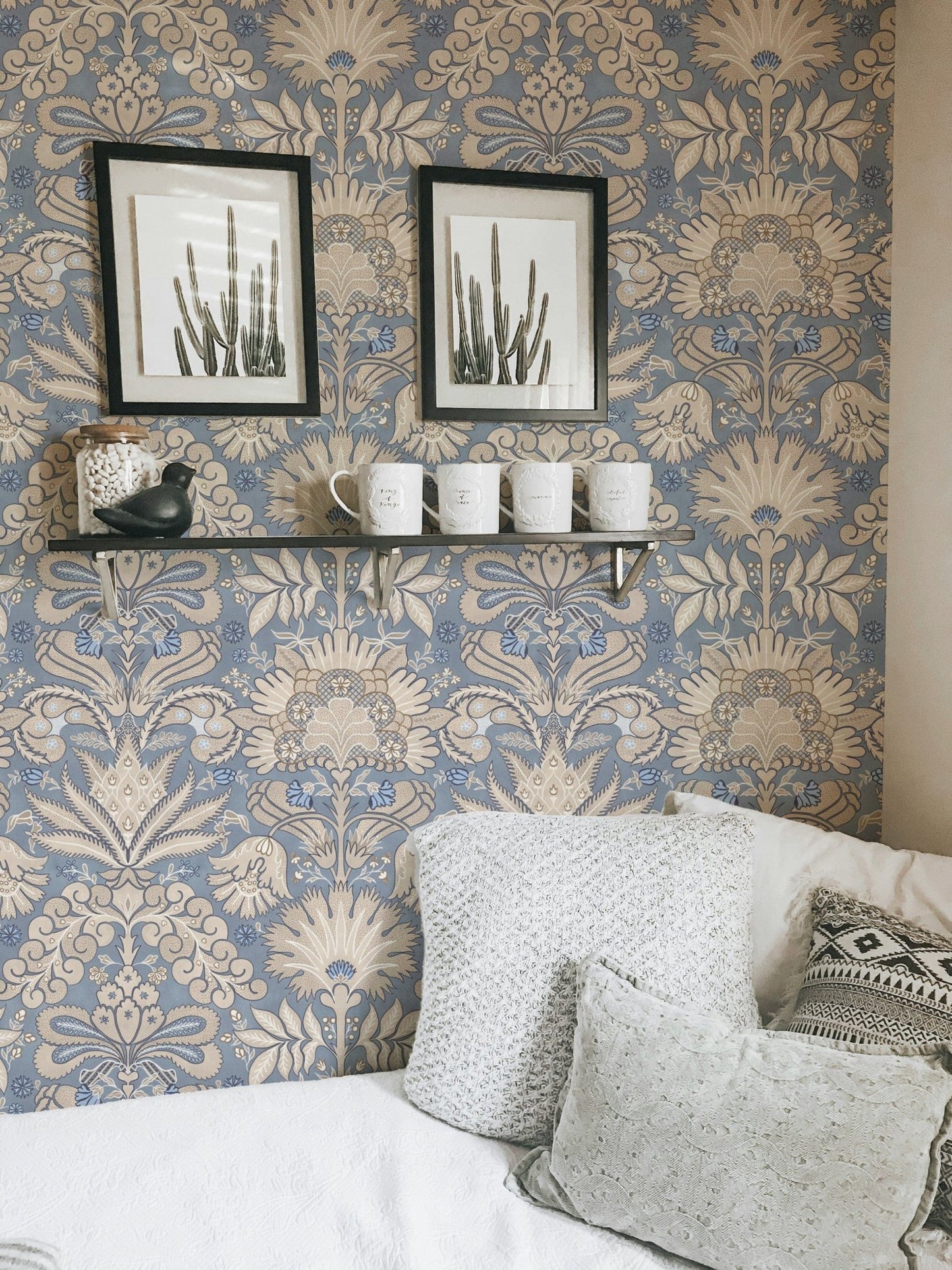 Botanic Damask Cream Slate Blue Grey GD223