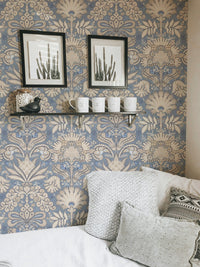 Botanic Damask Cream Slate Blue Grey GD223
