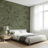 A reading nook showcasing the Botanica Avairy Nature Inspired Wall Mural.