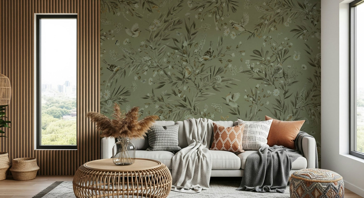 Lush jungle leaf patterns on the Botanica Avairy Nature Inspired Wall Mural.