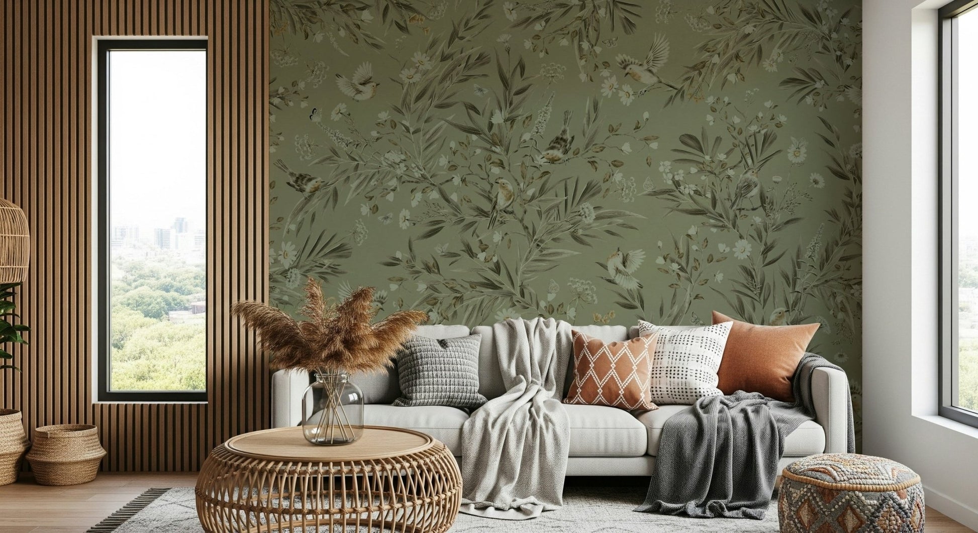 Lush jungle leaf patterns on the Botanica Avairy Nature Inspired Wall Mural.