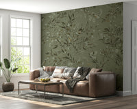 Dramatic green botanical design of the Botanica Avairy Nature Inspired Wall Mural.