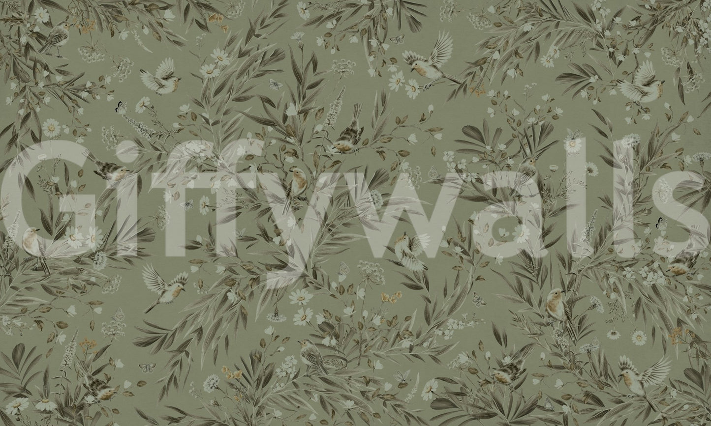 Home office interior with the vibrant Botanica Avairy Wall Mural.