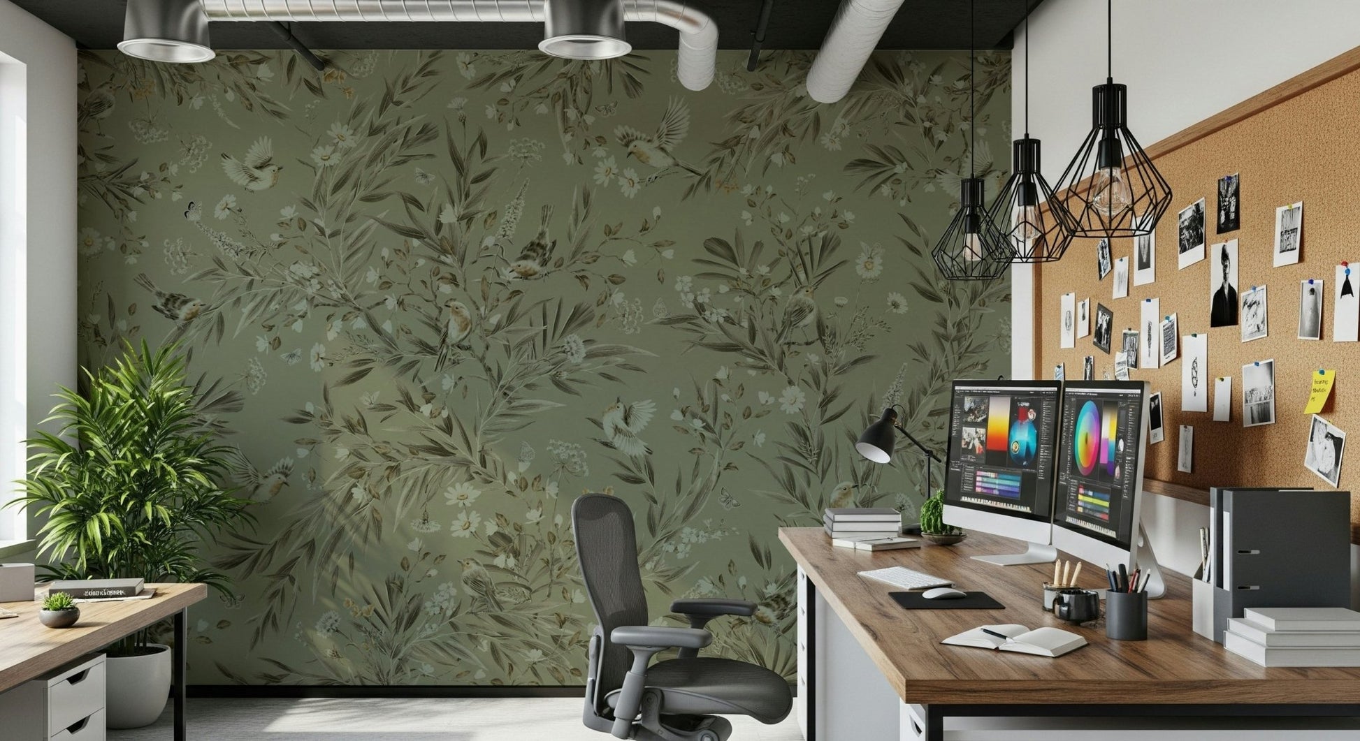 Bed wall statement featuring the Botanica Avairy Nature Inspired Wall Mural.