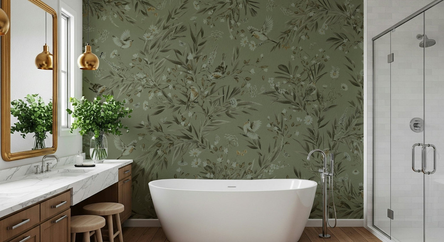 Artistic composition of the entire Botanica Avairy Nature Inspired Wall Mural.