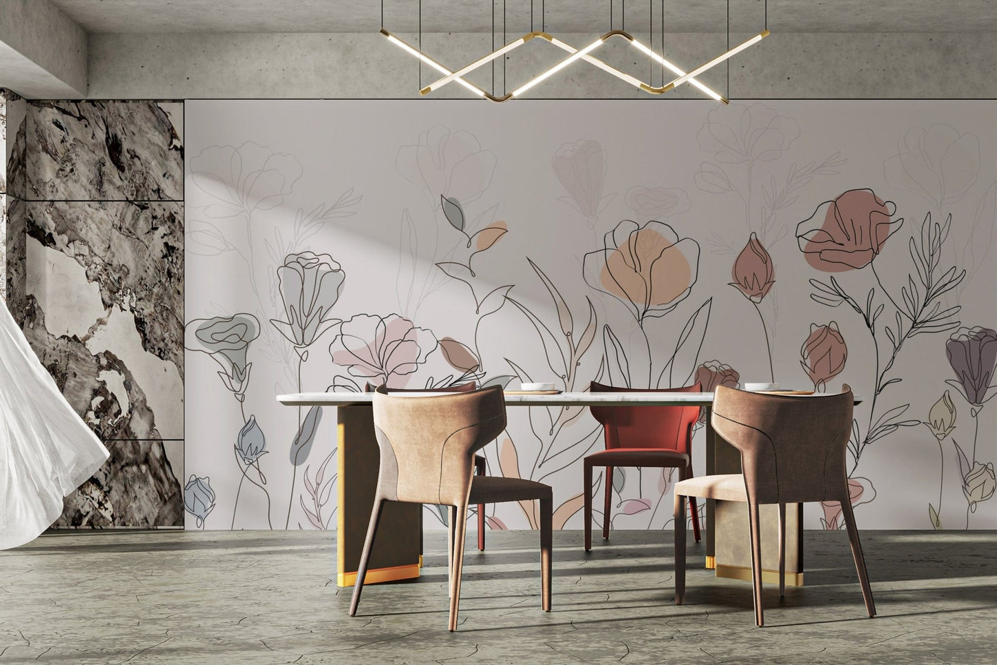 Artistic botanical sketch mural in beige
