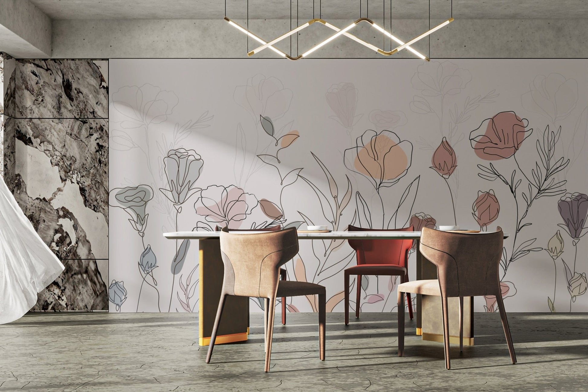 Artistic botanical sketch mural in beige
