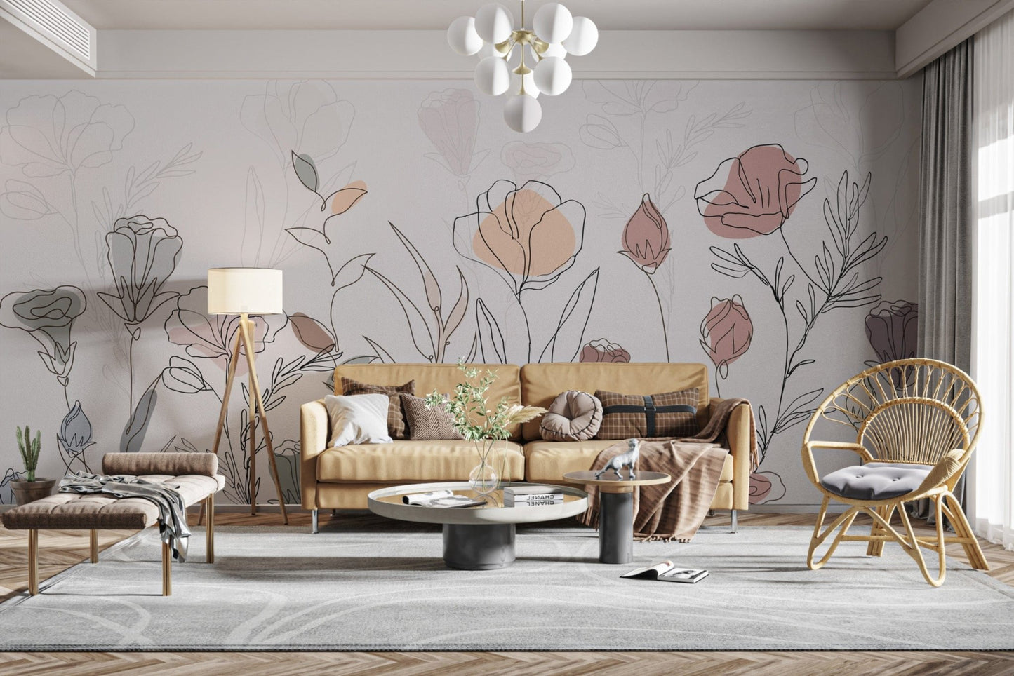 Hand-drawn botanical wall mural art
