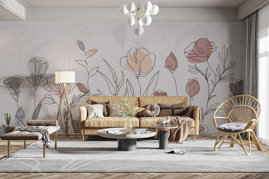 Hand-drawn botanical wall mural art
 D220