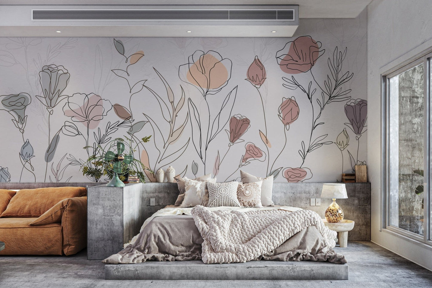 Neutral botanical line art wall mural

