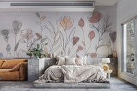 Neutral botanical line art wall mural
