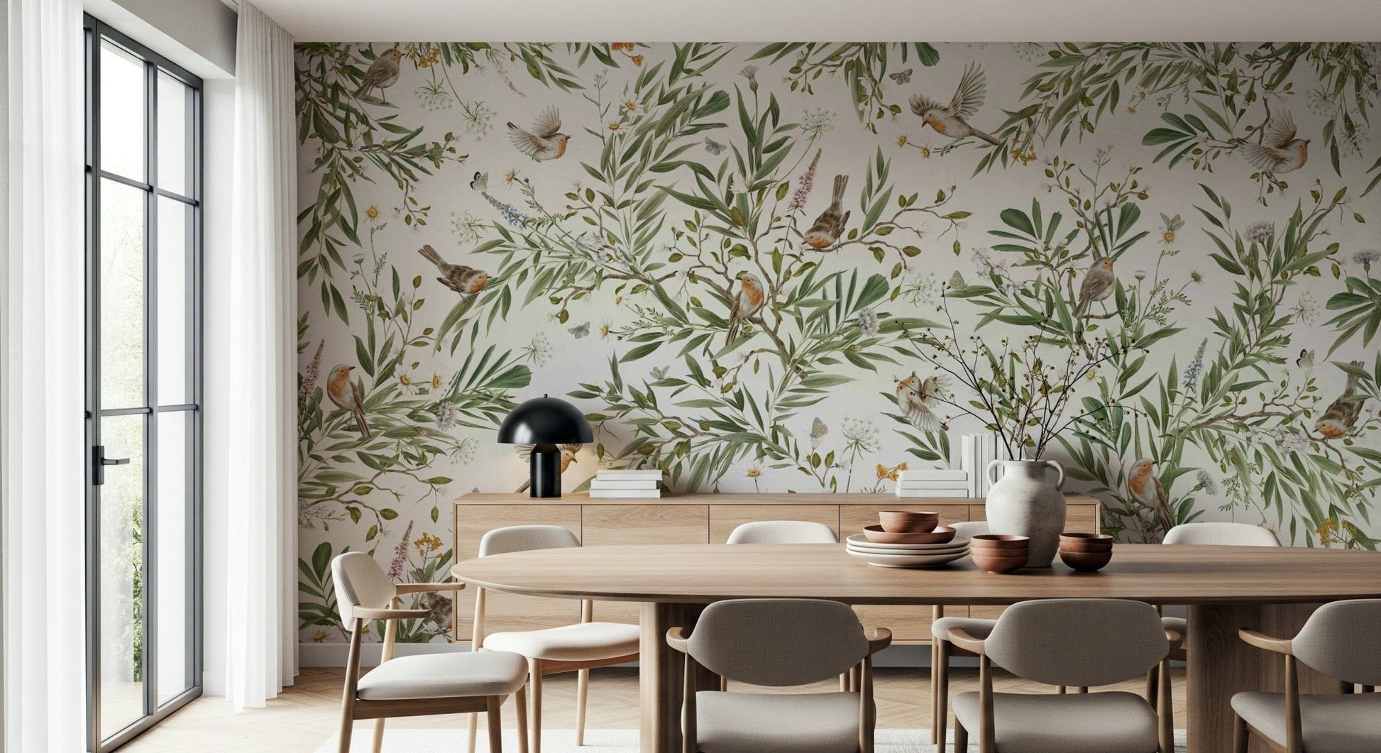 Accent wall featuring the inspiring Botanical Aviary Wall Mural.