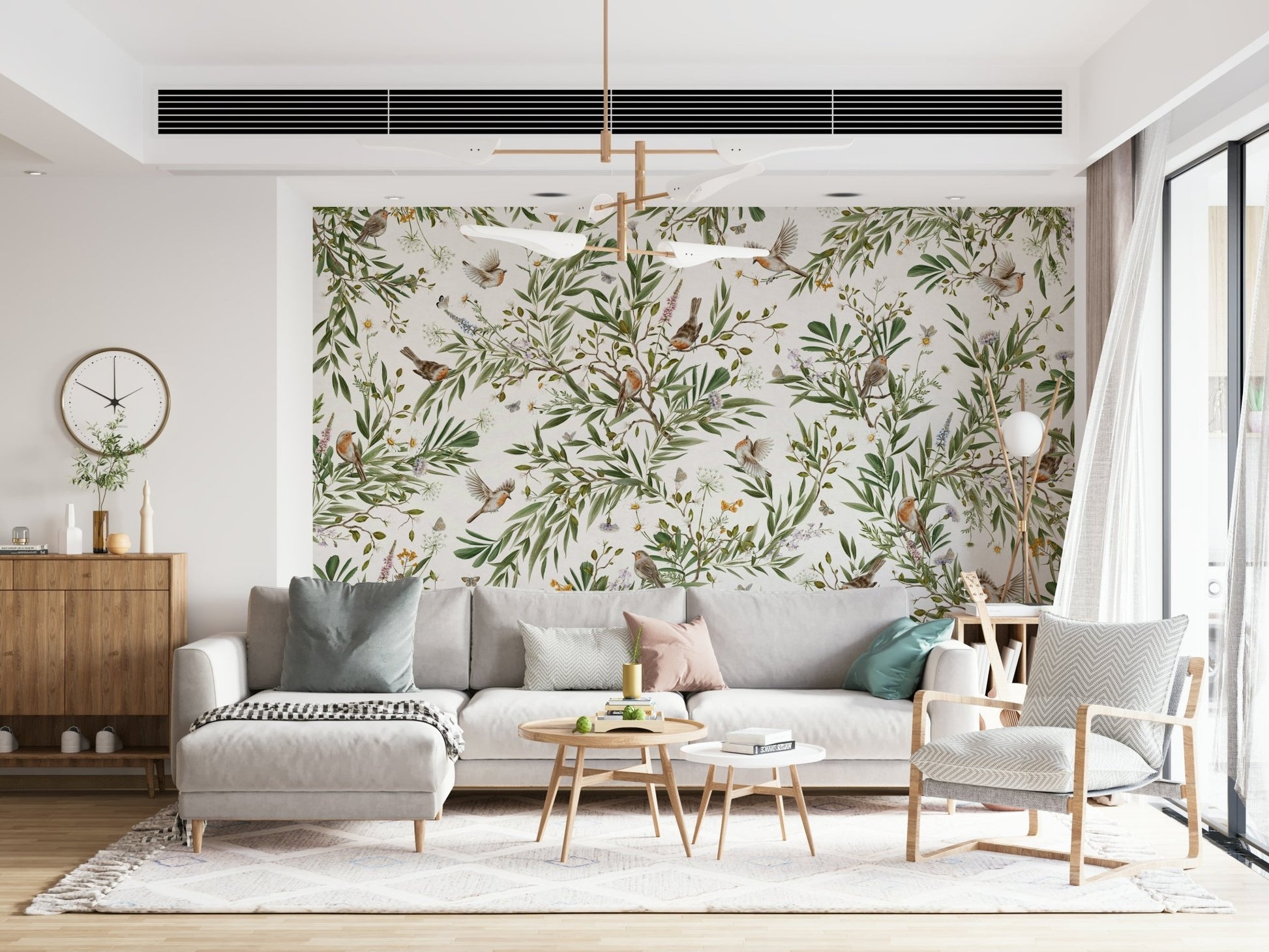 Detailed tropical foliage in the Botanical Aviary Wall Mural.