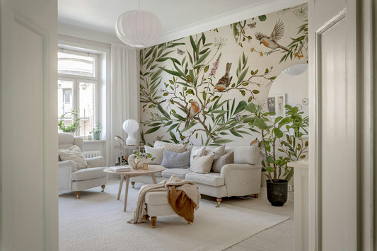 Botanical Aviary Wall Mural in a chic living area.