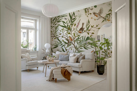 Botanical Aviary Wall Mural in a chic living area.