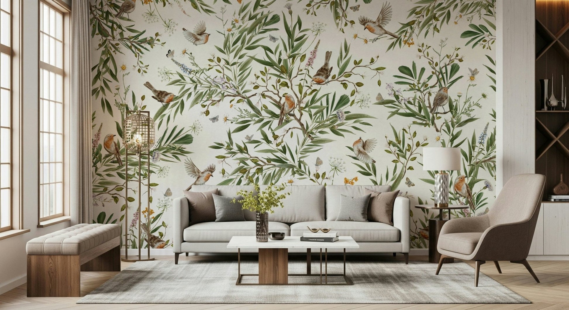Horizontal scene of the colorful Botanical Aviary Wall Mural.