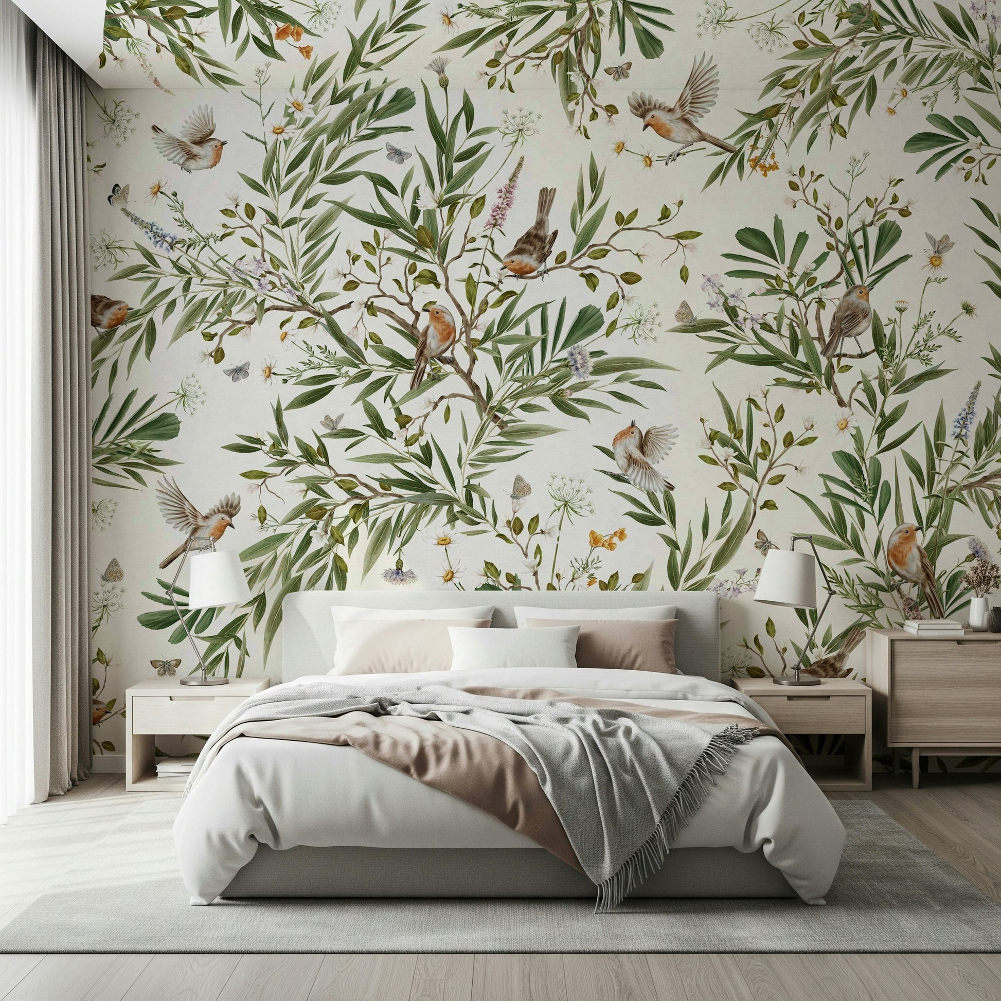 Sitting room with the stunning Botanical Aviary Wall Mural backdrop.