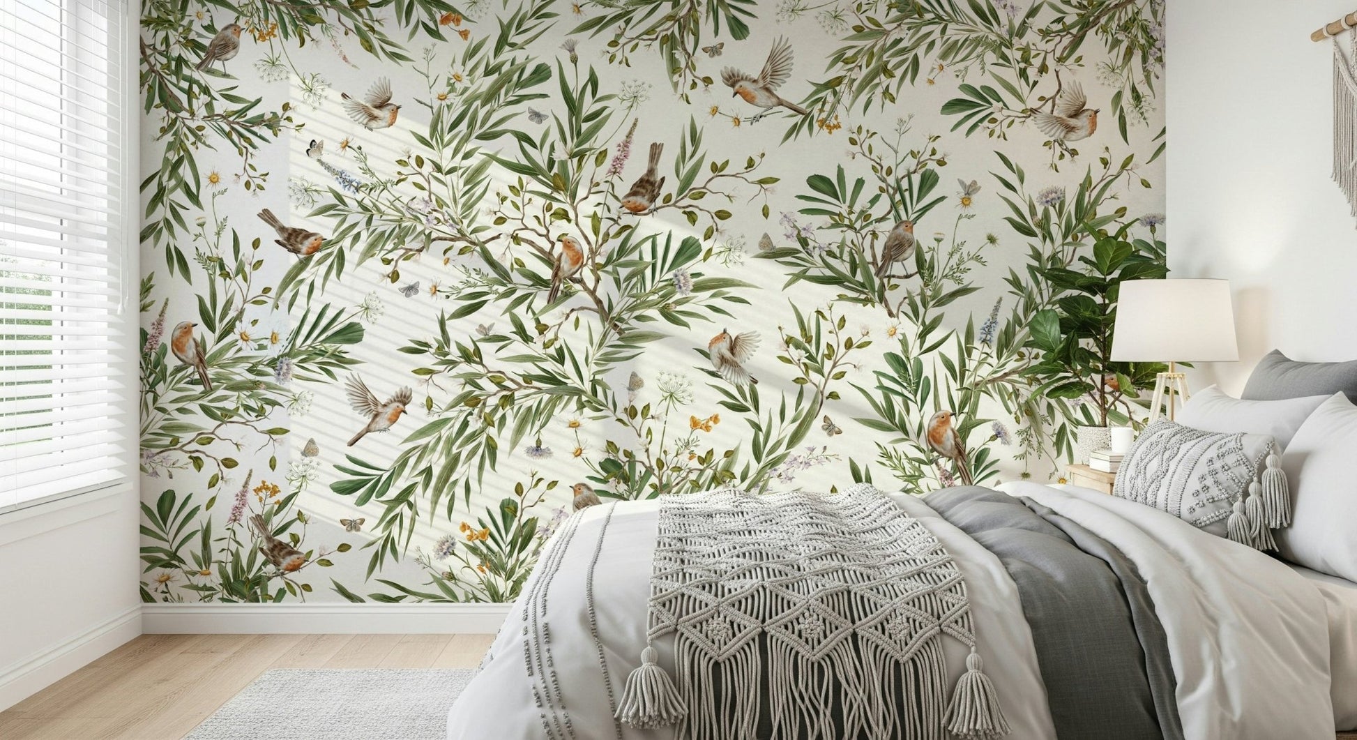Interior space featuring the lively Botanical Aviary Wall Mural.