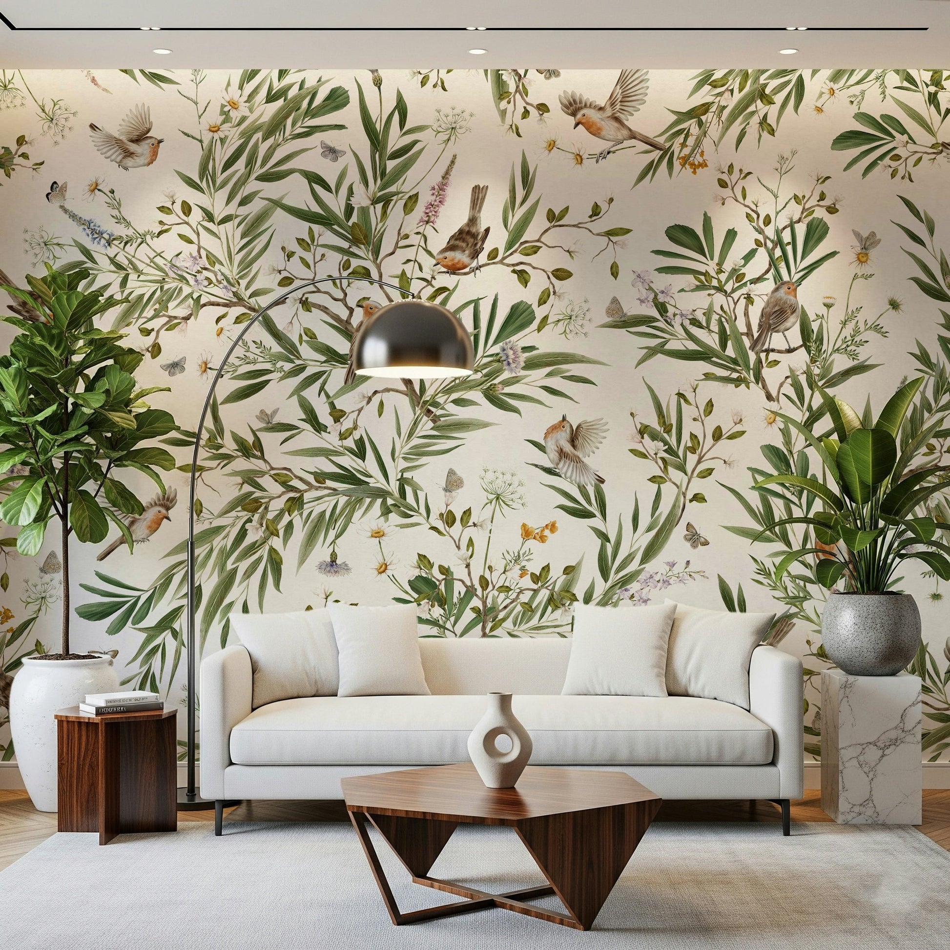 Headboard area showcasing the lush Botanical Aviary Wall Mural.