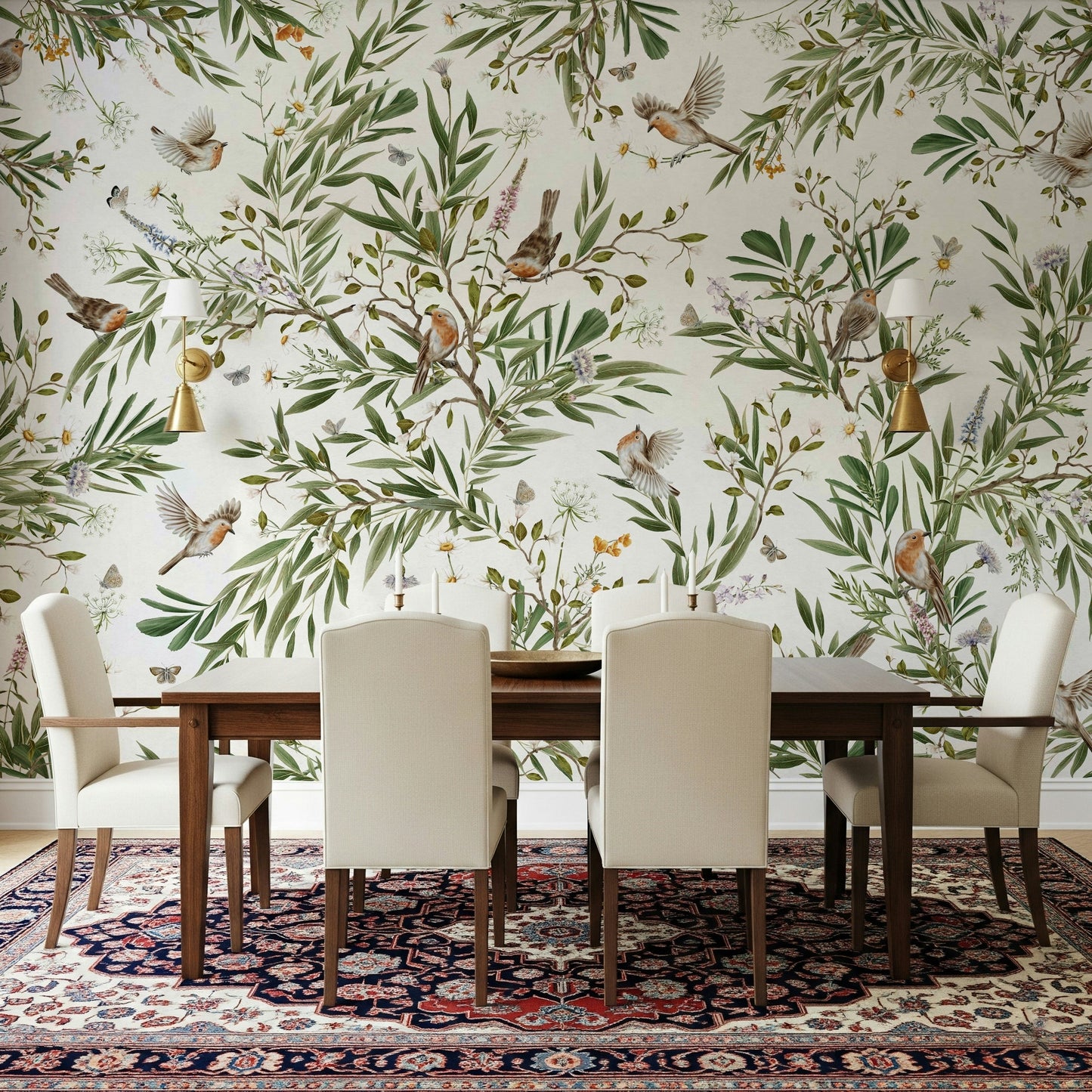 Exotic birds and flowers on the Botanical Aviary Wall Mural.